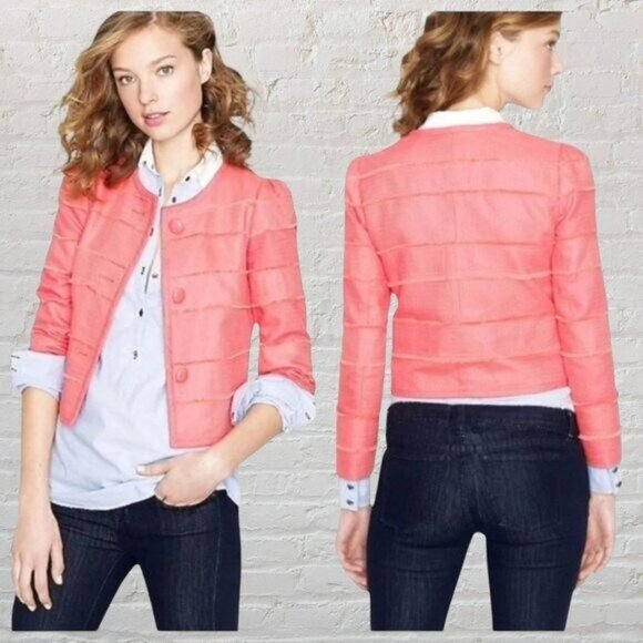 J. Crew Cropped Coral Blazer Lined - Fringe Trim - Size 10 - Picture 9 of 9